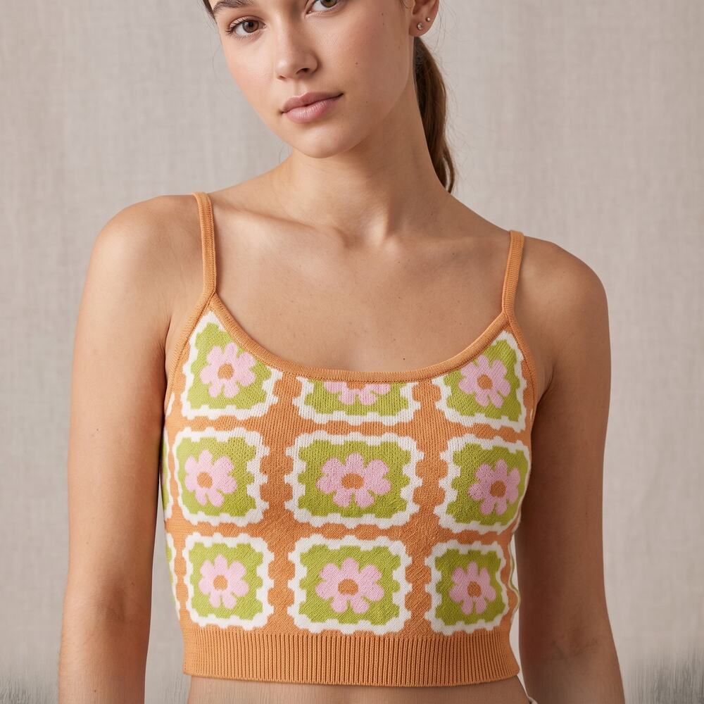 PacSun Women’s Knit Camisole Crop Top Floral Granny Square Retro Boho XS